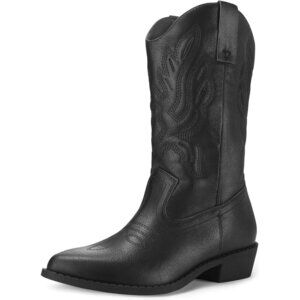 mysoft Women Black Pu Western Cowboy Boots Mid Calf Pointed Toe Cowgirl
